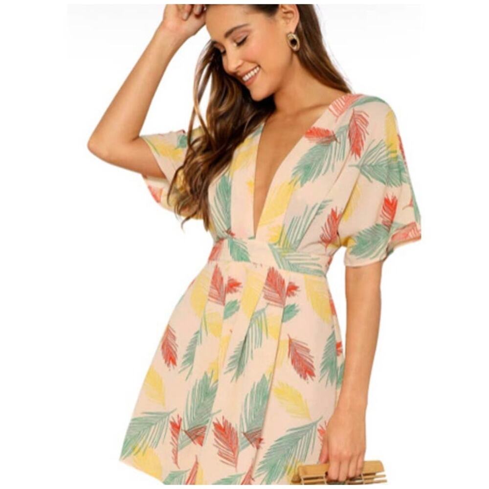 Tropical Plunging V Neck Tie Open Back Dress- Size Medium